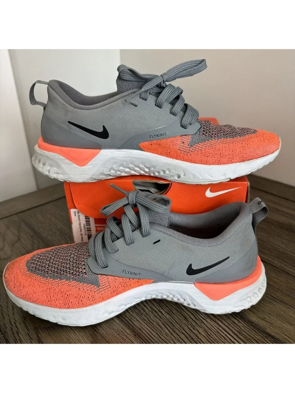 Nike Womens Odyssey React 2 Flyknit Running Shoes Gray/Orange Size 6.5 US W/Box